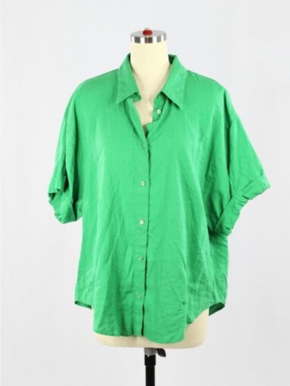 Aritzia BABATON Hepburn Green Linen Blend Button Up Shirt Blouse, Size L